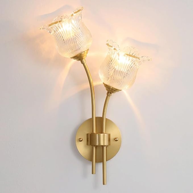 Elegant Double Head Wall Sconce, Vintage Brass Floral Design with Fluted Clear Glass Tulip Shades, Brushed Gold Accent Lamp for Living Room, Bedroom Bedside, Dining Room Decor