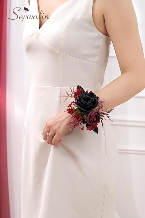 Serwalin Set of 2 Wrist Corsage for Wedding, 6-7inch Corsages Wristlet for Bridesmaid Mother Grandmother, Artificial Flowers for Prom Ceremony Anniversary, Black Burgundy