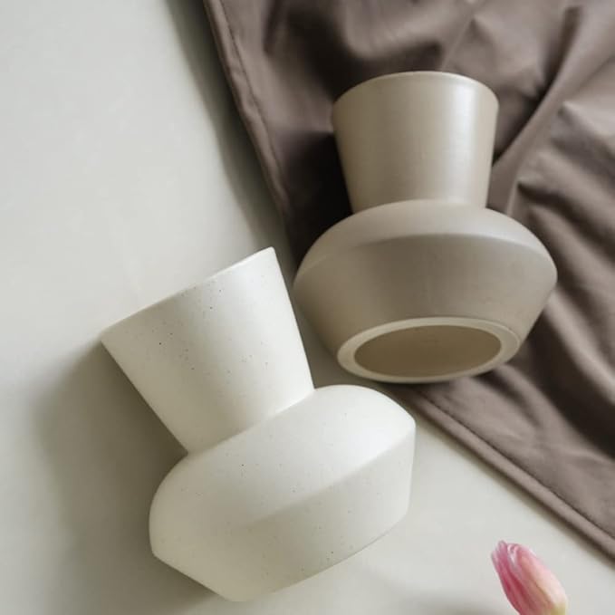 Wide Mouth Ceramic Flower Vase, Minimalist Decor for Living Room (Crème)