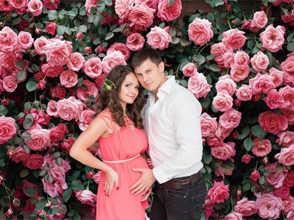 10x8ft Pink Flower Wall Backdrop Roses Floral Background Spring Tea Party Photography Banner for Wedding Birthday Bridal Shower Mother's Day Women's Day Valentine's Day Princess Portraits