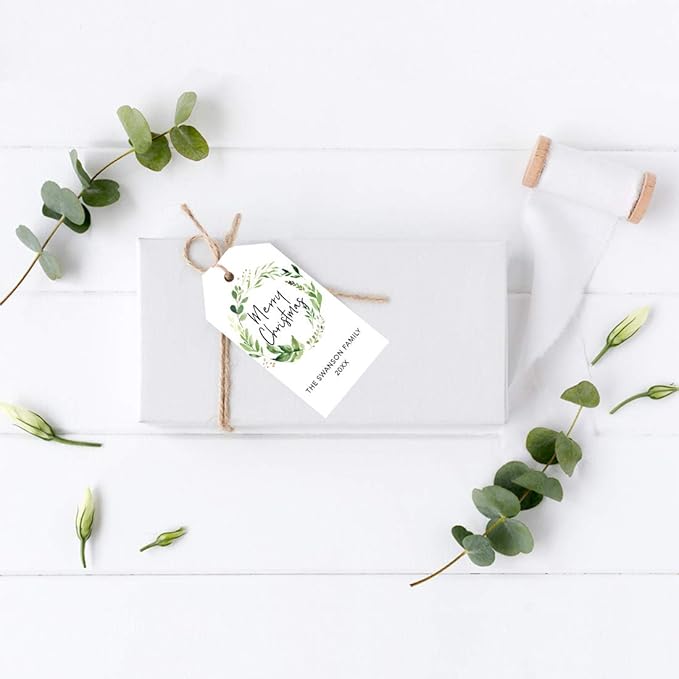 Andaz Press Personalized Christmas Holiday Season Classic Gift Tags, Merry Christmas Custom Family Name and Year, Watercolor Greenery Wreath Design, for Holiday Events, Parties, and Favors, 60-Pack