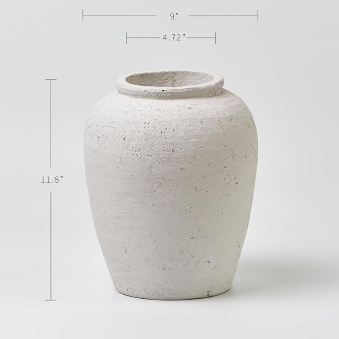 LB2 White Ceramic Large Vase, 11.8" Tall Zen Style vase, Terra Cotta Pitcher Vase, Distressed Farmhouse Decor, Pottery Decorative Flower for Home Decor (A - White 11.8")