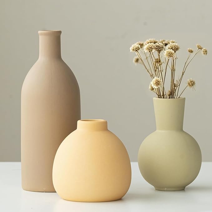 Modern Ceramic Vase Set of 3, Decorative Flower Vases for Home, Multicolor Pottery Vases for Living Room, Kitchen, Bedroom, Shelf, Rustic Farmhouse (Light Green Mix)