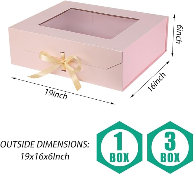 3 Pcs Extra Large Pink Gift Box for Presents with Ribbon 19x16x6 Inches Clear Gift Box with Window Magnetic Closure Gift Boxes with Lids