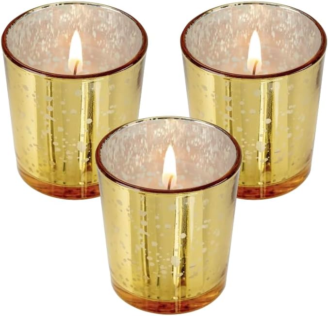 Mister Candle Unscented Gold Mercury Glass Votive Candles, 2" Filled Candle Jars for Centerpieces, Wedding Décor, Events, Home & Party Ambiance, Set of 12 Hand Made in USA