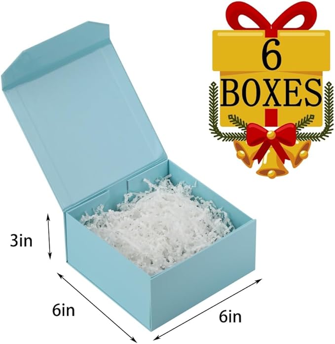 6 Pcs Small Blue Gift Box 6x6x3 Inch Magnetic Gift Box with Crinkle Paper Luxury Gift Boxes with Lids for Presents