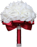 Wedding Bouquet, Wine Red Bouquet for Bride Bridesmaid with Diamond Soft Ribbons, Artificial Rose Bridal Holding Flowers for Party Church