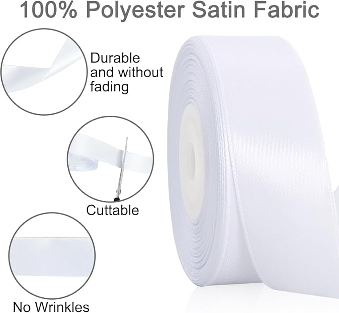 TONIFUL White Satin Ribbon 1 Inch X 25yds Solid Silk Ribbons for Gift Wrapping, Craft, Floral Bouquets, Valentine's Day Christmas Gift Wrapping, Party Wedding Decoration