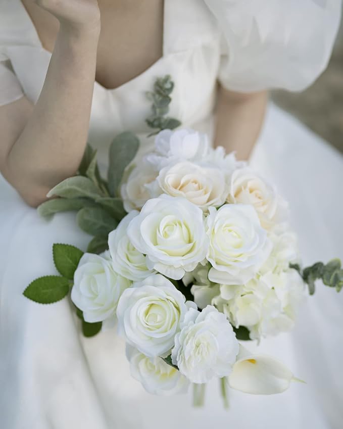 LFF 10pcs Silk Roses Artificial Flowers Fake Long Stem Roses for DIY Wedding Bouquet Home Decoration (Ivory)