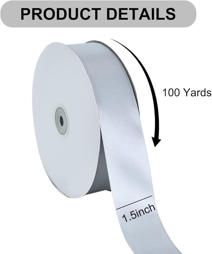 TONIFUL 1-1/2 Inch (40mm) x 100 Yards Silver Wide Satin Ribbon Solid Fabric Ribbon for Gift Wrapping Chair Sash Valentine's Day Wedding Birthday Party Decoration Hair Floral Craft Sewing