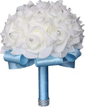 Wedding Bouquet, Blue Bouquet for Bride Bridesmaid with Diamond Soft Ribbons, Artificial Rose Bridal Holding Flowers for Party Church