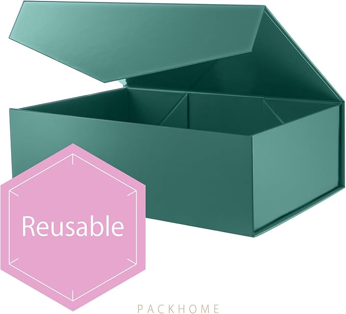 PACKHOME Large Christmas Gift Box with Lid 13.5x9x4.1 Inches, Sturdy Collapsible Gift Box with Magnetic Closure for Xmas (Glossy Dark Green)