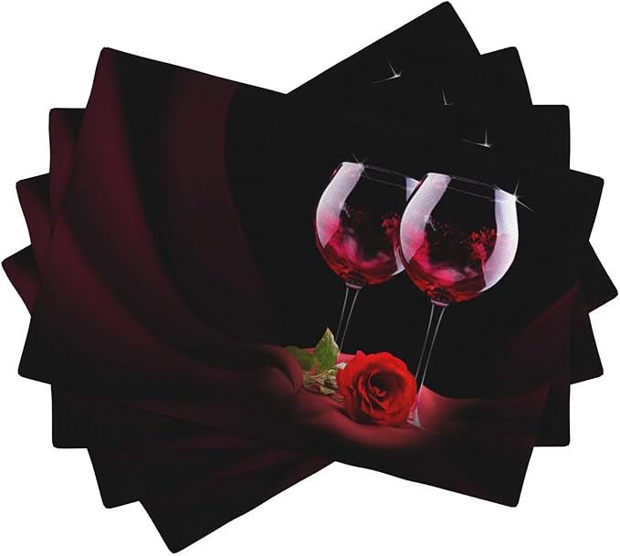 Red Wine Rose Linen Placemats Set of 4 Retro Romantic Rose Floral Art Placemat Indoor Outdoor Party Home Desktop Kitchen Dining Room Decoration 12x18 Inch