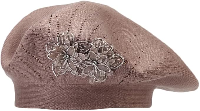Flower Embroidery Beret Hat for Women, French Style Knitted Beret Hats, Stylish Solid Color Beret Cap for Women Girls Lady