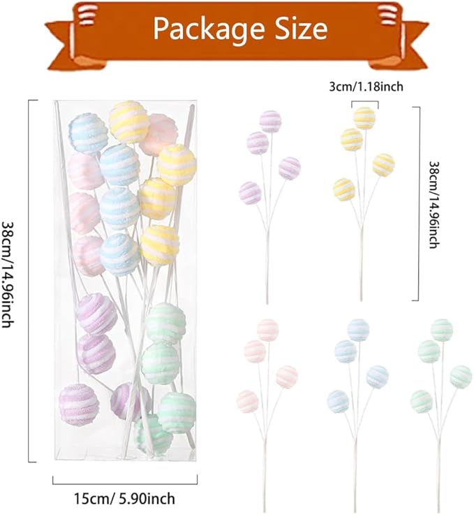 5Pcs Pastel Christmas Tree Ball Picks, 14.9” Macaron Color Woolen Spray with Gitter for Christmas Tree Topper Decorations Vase Filler Xmas Home Decor New Year Gifts (Ball)