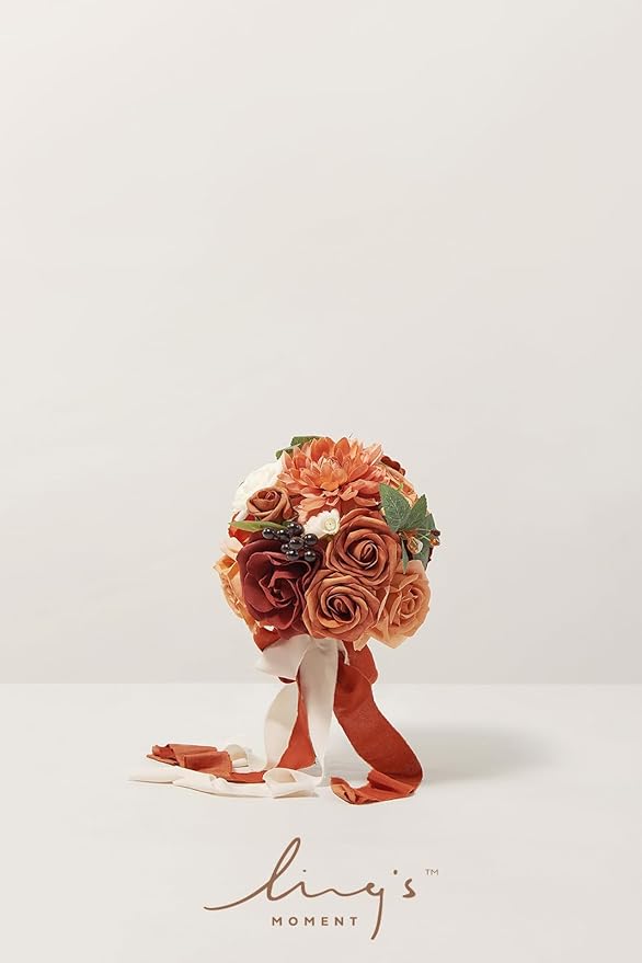 Ling's moment Terracotta Artificial Flowers Bridesmaid Bouquet Set of 4, Burnt Orange Wedding Flowers Bouquets for Bridesmaids, 7 Inch Bridal Bouquets for Bridesmaids, Wedding, Ceremony