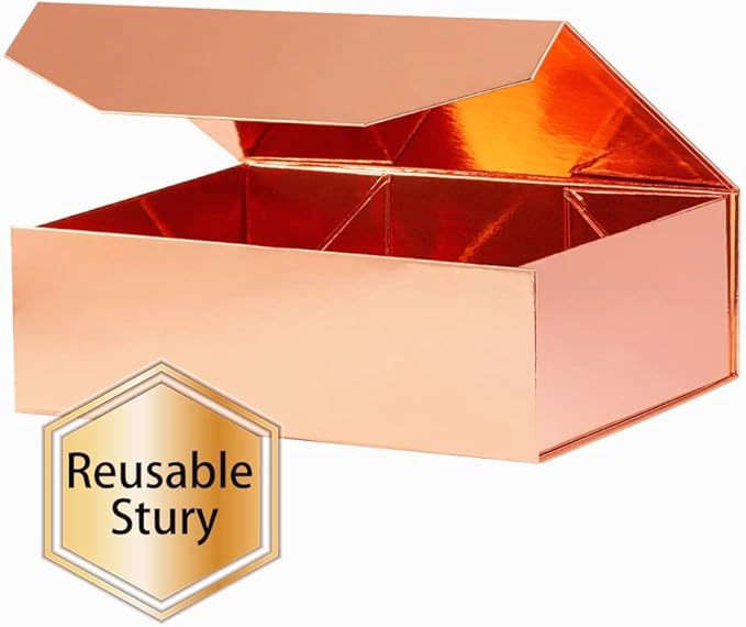 2 Rose Gold Large Gift Box with Lid 13x9x4 Inches, Gift Box Large with Magnetic Closure, Bridesmaid Proposal Boxes, Hard Collapsible Groomsman Boxes (Glossy Rose Gold)