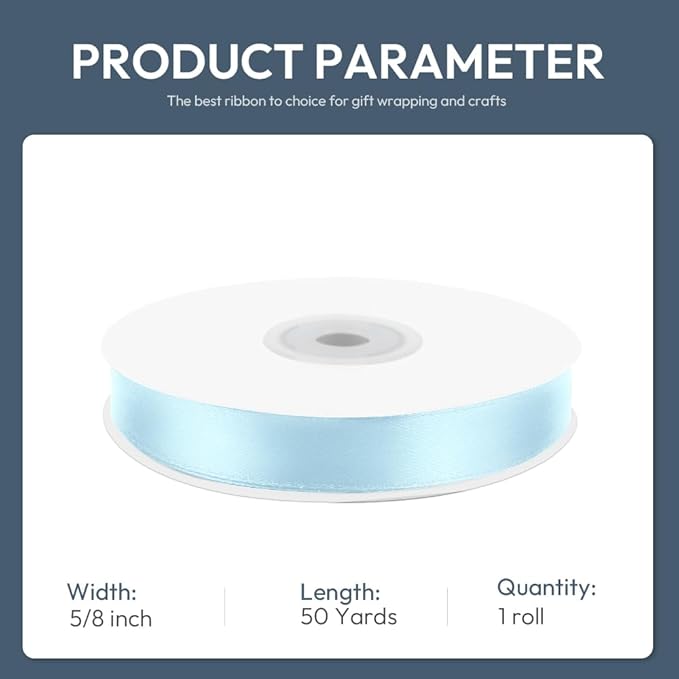 KMER LIFE 5/8" Wide x 50 Yards Baby Blue Single Faced Polyester Satin Ribbon, Baby Blue Satin Ribbon Perfect for Wedding Decor, Wreath, Crafts, Gift Wrapping & Other Projects (Baby Blue)