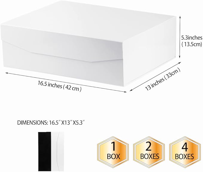 1 Pcs White Extra Large Gift Box with Lid, 16.5 x 13 x 5.3 Inches, Hard Magnetic Giant Gift Boxes for Presents Clothes Robe Wedding Dress Sweater,Reusable Foldable Bridesmaid Proposal Box