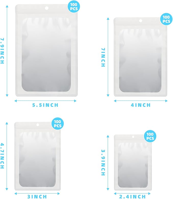 400 Pack 4 Size Bags with Clear Window,Scratch Resistant Hand Holographic Packaging Pouch,Resealable Bag for Small Bussiness Cookies Jewelry Candy Sample (White, 2.4×3.9,3x4.7,4×7,5.5×7.9 inch)