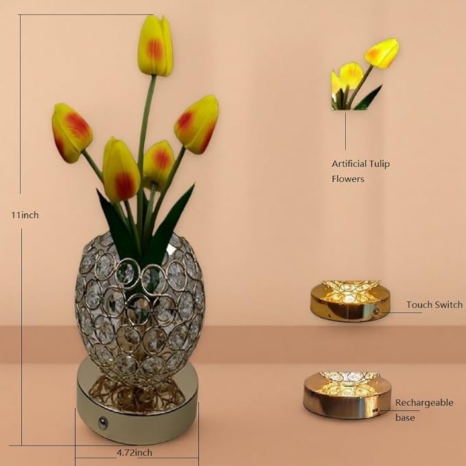 Cordless Tulip Flower Lamps, 3 Colors Touch Stepless Dimming Crystal Night Light, Rechargeable Artificial LED Flower with Vase Lamp Romantic Decor for Mothers Day,Xmas,Birthday (OG)