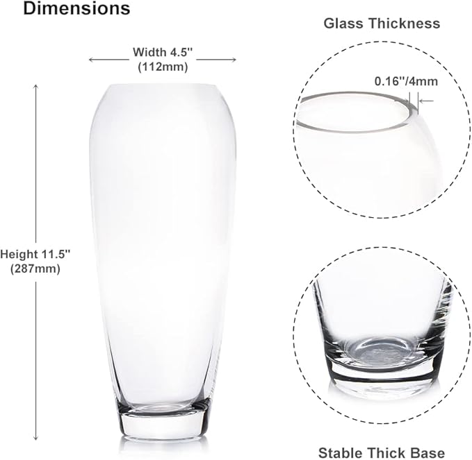 Enova Floral Oval Glass Vase for Flowers, 4.5" W 11.5" H Clear Large Domed Bullet Cylinder Floral Vase for Home Decor, Wedding Centerpiece Event (1 Piece)