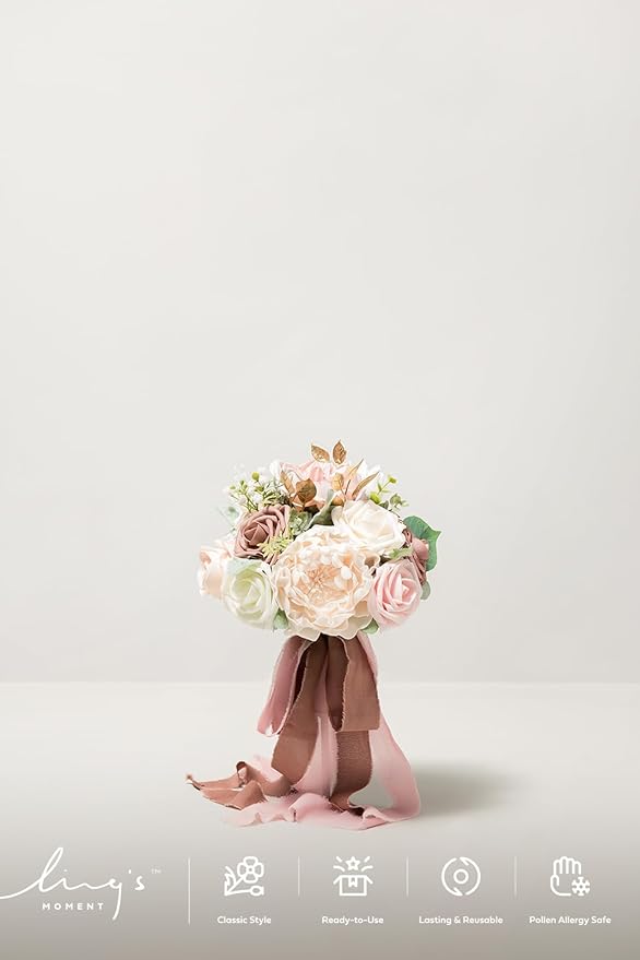 Ling's moment Wedding Artificial Flowers Package, Bridal Bouquet, Bridesmaid Bouquets, Boutonniere for Men, Rose Petals.Dusty Rose Cream