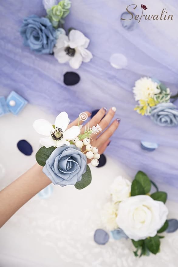 Serwalin Artificial Flowers, Dusty Blue Silk Fake Flowers Cake Flower for Wedding Bouquet Table Centerpieces Arrangements Party Baby Shower Home Decor Floral Arrangement