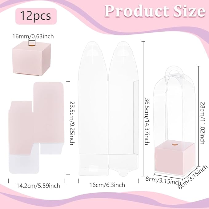 BENECREAT 12Pcs Single Rose Flower Box Empty Bag, Clear Flower Packing Boxes Flower Gift Boxes for Graduation Wedding Birthday Floral Gift Floral Arrangement Supply, Pink