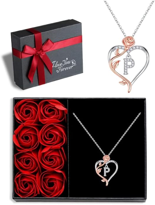 Iefil Christmas Gifts for Women Wife - 925 Sterling Silver Rose Heart Initial Necklace, Anniversary Birthday Gifts for Women, Jewelry Gift for Her Wife Girlfriend Mom Daughter