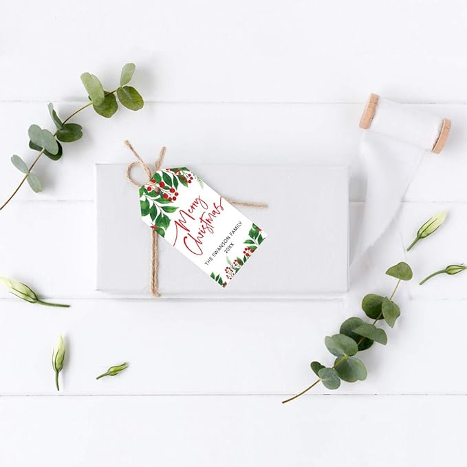 Andaz Press Personalized Christmas Holiday Season Classic Gift Tags, Merry Christmas Custom Family Name and Year, Holly Greenery Leaves Design, for Holiday Events, Parties, and Favors, 60-Pack