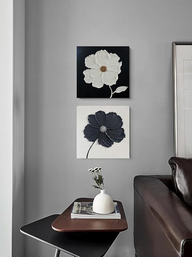 YaSheng Art - Thick Texture Flowers Abstract Oil Painting Hand-Painted Black and White Wall Art Minimalist modern Art Paintings Home Living room Room Dining Room Bedroom Wall Decorative Art Oil Painting 24x24inch