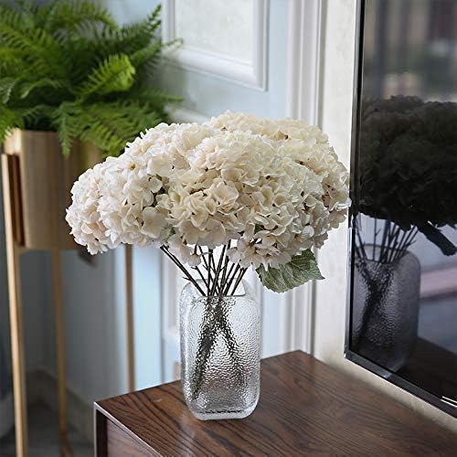 2Bouquets Artificial Fake Flowers Plants Silk Hydrangea Arrangements Wedding Bouquets Decorations Plastic Floral Home Kitchen Garden Party Festival Bar DIY (Ivory White, 5 Flower Heads)