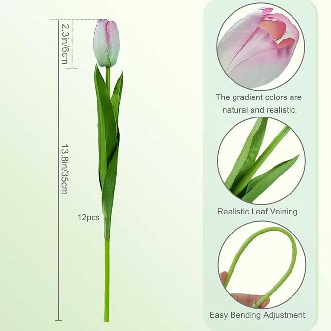 12pcs Pink Artificial Tulips, Real Touch Silk Faux Flowers, 13.8 Inch Stems, for Wedding Home Decor, Mother's Day Easter Gifts, Table Centerpiece Bouquets Arrangements