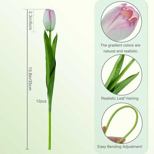 12pcs Pink Artificial Tulips, Real Touch Silk Faux Flowers, 13.8 Inch Stems, for Wedding Home Decor, Mother's Day Easter Gifts, Table Centerpiece Bouquets Arrangements