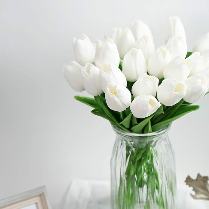 IPOPU 24PCS White Tulips Artificial Flowers Real Touch Tulips Flowers White Fake Tulips Flowers for Home Table Decoration Wedding Bouquet Party Baby Shower Centerpieces Bridal Bouquet Decor (White)