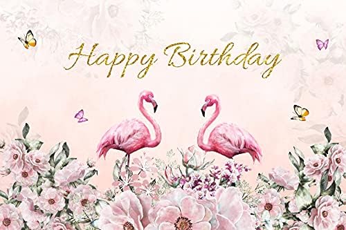 Renaiss 6x4ft Happy Birthday Backdrop Pink Flamingo Theme Birthday Party Photography Background for Girls Daughter Flower Butterfly Cake Table Banner Decor Studio Portrait Pink Photo Props