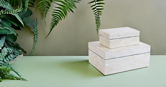 PEMAR Set of 2 Mother of Pearl Decorative Boxes w Lids, Handmade Mosaic Keepsake Jewelry Box Rectangular Treasure Chest, Shelf Decorative Wooden Box for Memory Tea Bags Coffee Accessories (White)