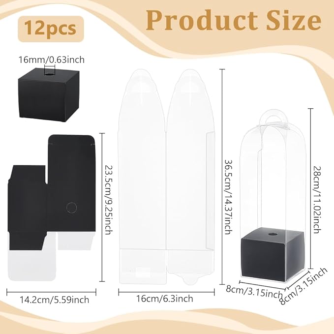 BENECREAT 12Pcs Single Rose Flower Box Empty Bag, Clear Flower Packing Boxes Flower Gift Boxes for Graduation Wedding Birthday Floral Gift Floral Arrangement Supply, Black