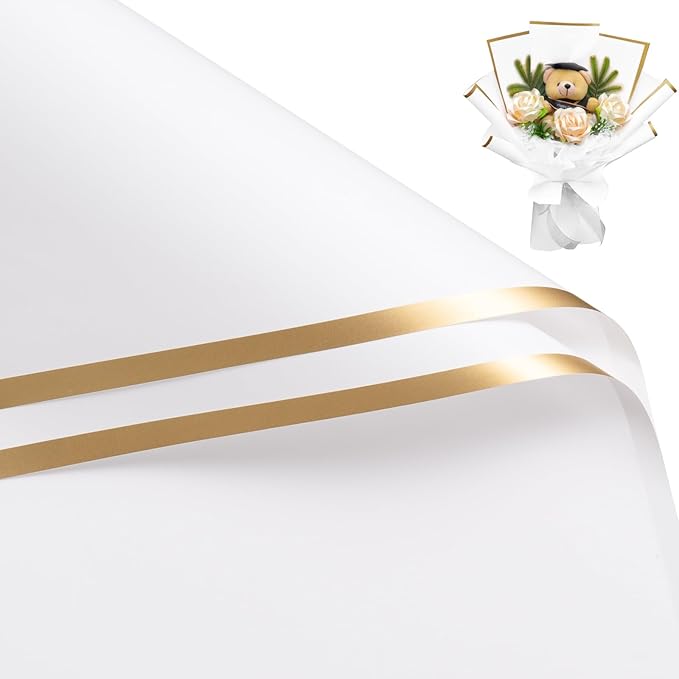 WRAPAHOLIC 20 Sheets Flower Wrapping Paper - 22.4 x 22.4 inch White with Gold Edge Water-Resistant Floral Bouquet Wrapping Paper, Florist Supplies Packaging Paper for Wedding Birthday Gift DIY