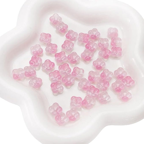 100PCS Glass Flower Beads for Jewelry Making 4 Petal Flower Bead Caps Gradient Cute Floral Beads Aesthetic Charms for Necklace Bracelets Earrings DIY Craft Home Decoration-Pink