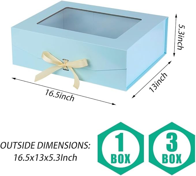 3 Pcs Blue Extra Large Gift Box for Presents with Ribbon 16.5x13x5.3 Inches Clear Gift Box with Window Magnetic Closure Gift Boxes with Lids