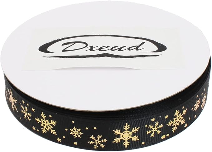 Gold Printing Snowflake Grosgrain Ribbon 25 Yard Each Roll 100% Polyester Woven Edge (5/8", Black)