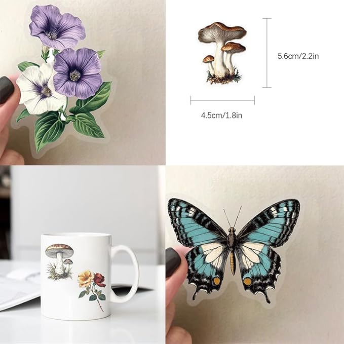 50 Pcs Colorful Butterfly Stickers, Aesthetic Retro Decals Transparent PET Waterproof Decals, Cartoon Aesthetic Stickers for Water Bottles, Laptops, Scrapbooks, Journals, Planners