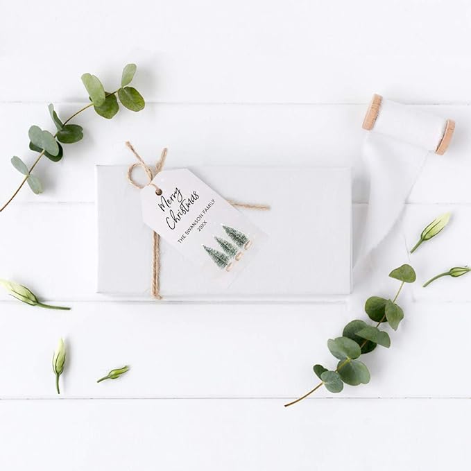 Andaz Press Personalized Christmas Holiday Season Classic Gift Tags, Merry Christmas Custom Family Name and Year, Bottle Brush Christmas Tree Design, for Holiday Events, Parties, and Favors, 60-Pack