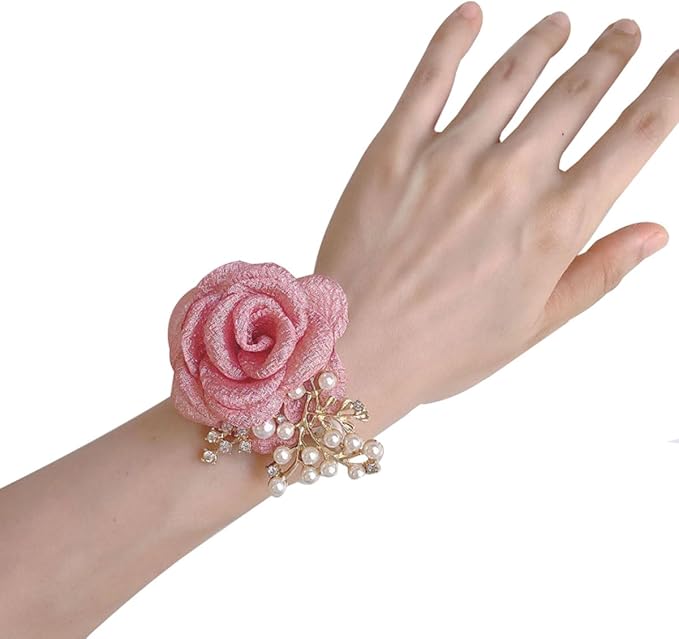 1PCS Wedding Wrist Flower,Bridesmaid Bride Wrist Flower Corsage Decoration Hand Flowers,Peach Powder