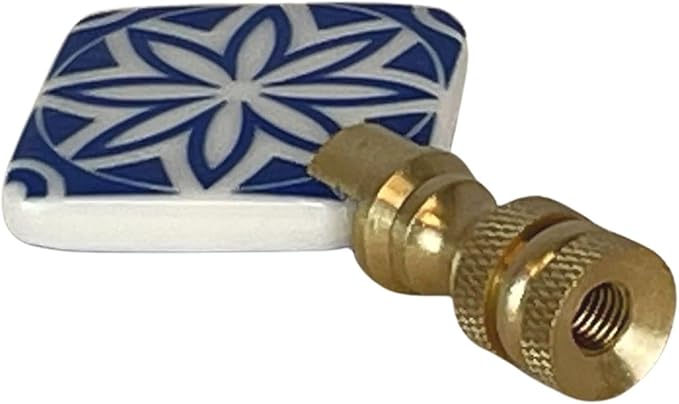 Royal Designs, Inc. Porcelain Mandala Flower Design Finial for Lamp Shade, Polished Brass, Blue & White, Pack of 2