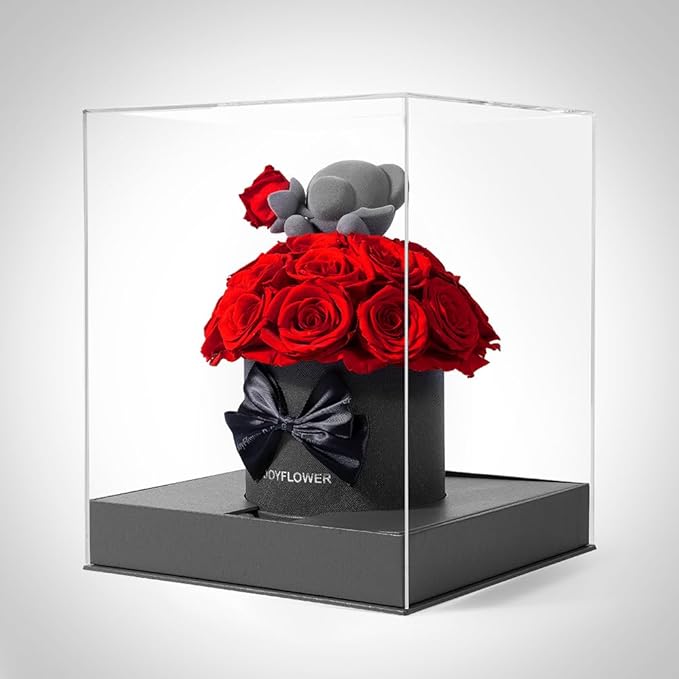 JoyFlower Preserved Real Rose in Acrylic Box, Forever Flowers Red Rose Bear Gift for Women Wife Girlfriend Mom Grandma, Eternal Rose Gifts for Birthday, Anniversary, Christmas, Valentines Mothers Day