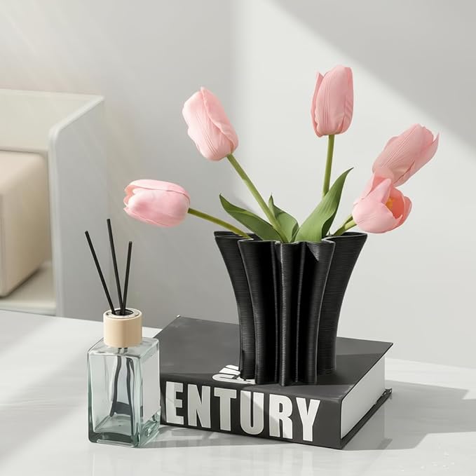 Contemporary Black Ceramic Vase, Abstract Irregular Shape Sculptural Accent for Home Decor, Modern Artistic Centerpiece for Coffee Table or Bookshelf