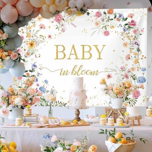 MEHOFOND 7x5ft Wildflower Baby in Bloom Baby Shower Backdrop Decorations, Wildflower Baby Shower Background, Spring Floral Banner Gold Glitter Photography Background Photo Prop 6x3.6ft